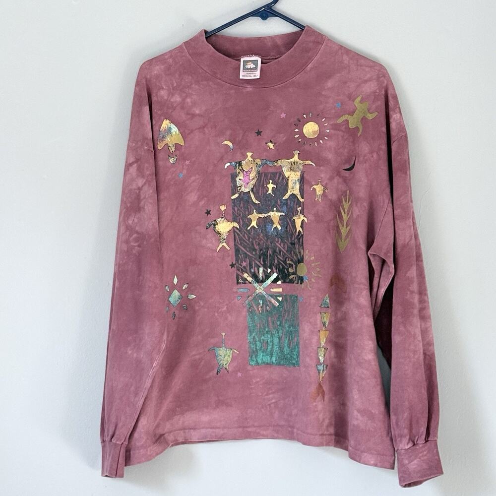 Cotton Deluxe Sweatshirt Unisex XL Mauve Dyed Hand Printed Tribal Hippie 90s
